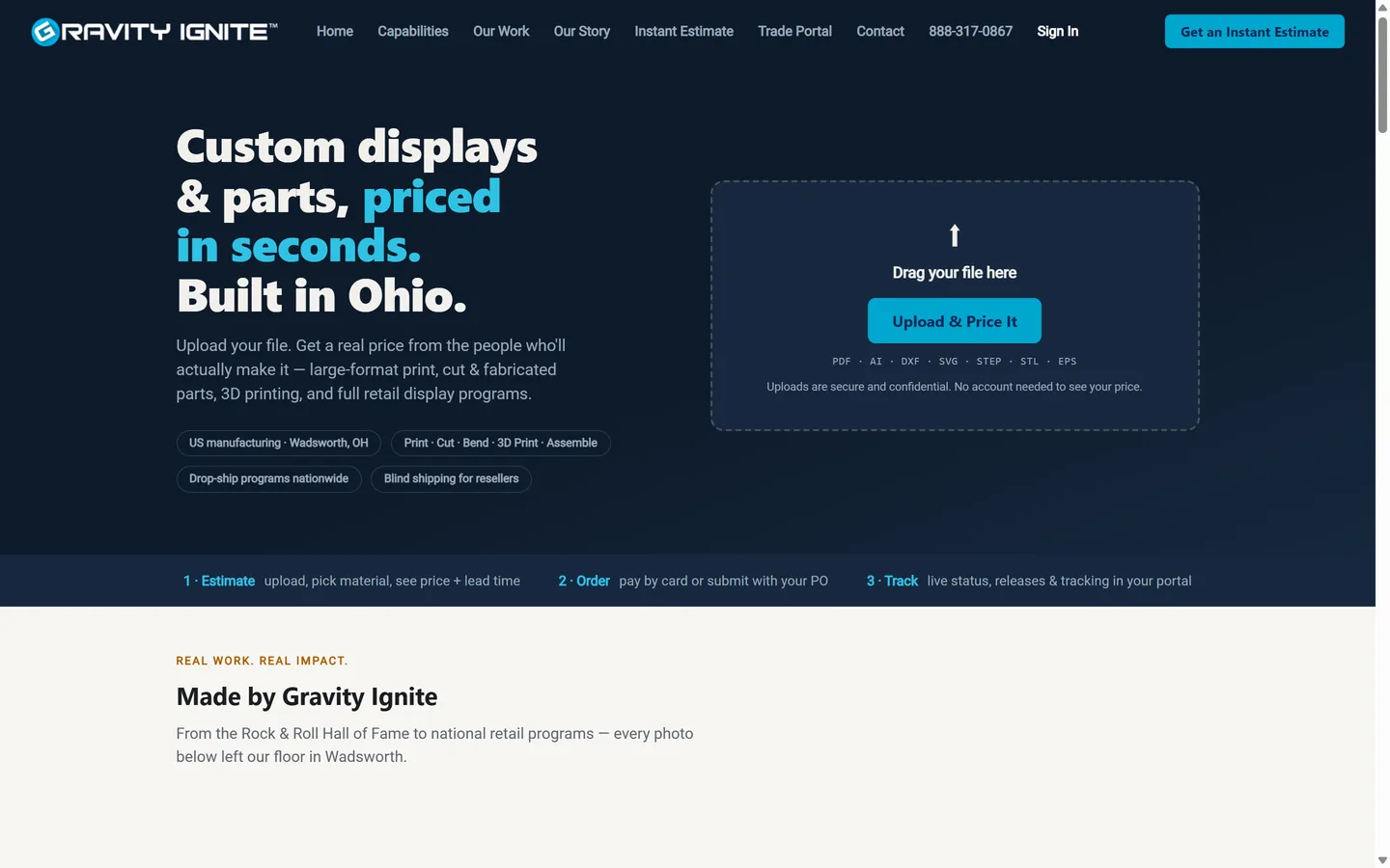 The gravityignite.com home page: hero headline, instant-estimate file dropzone, and the estimate-order-track band