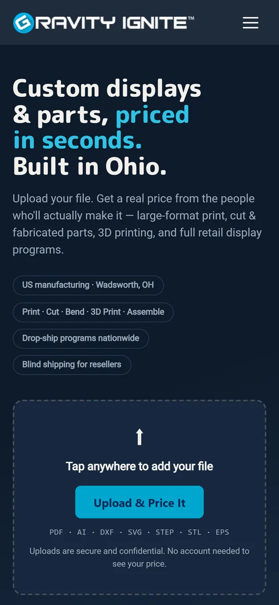 gravityignite.com on a phone — the responsive hero and upload panel